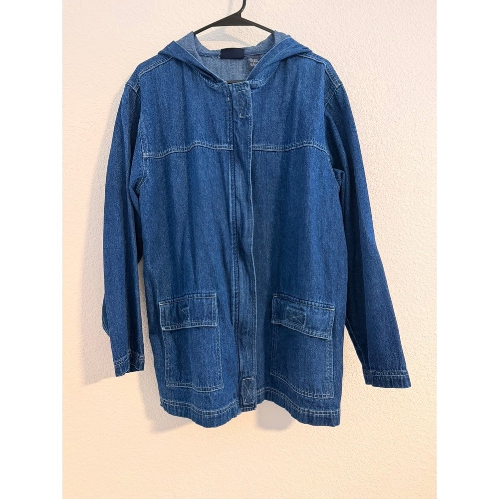 Blassport Vintage Denim Hooded Chore Jacket Medium Wash Cotton Pocket Large